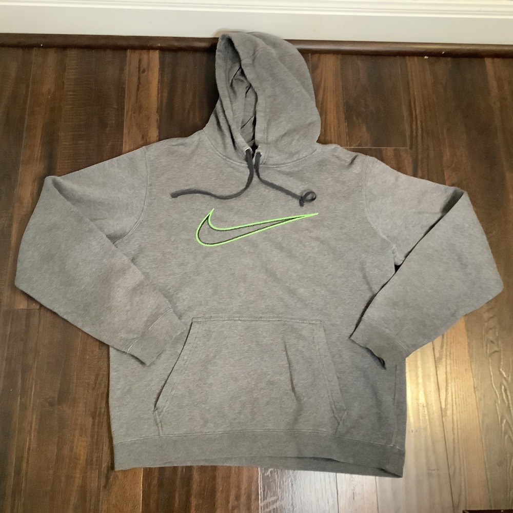 Vintage Y2K Nike Hoodie Pullover Sweatshirt Gray Green Embroidered Swoosh Medium